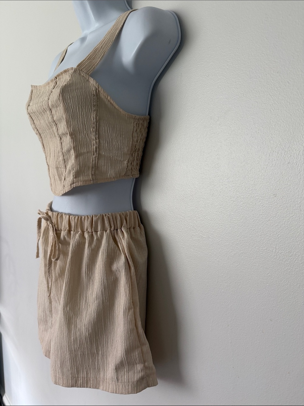 Beige Textured Two-Piece Crop Top & Shorts Set - Picture 4 of 9
